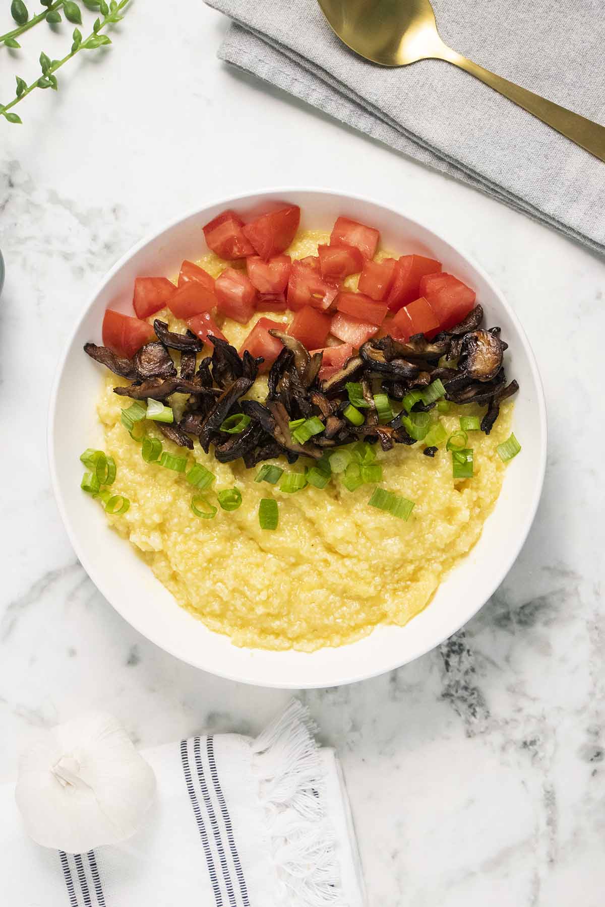 Vegan Cheese Grits with Mushroom Bacon